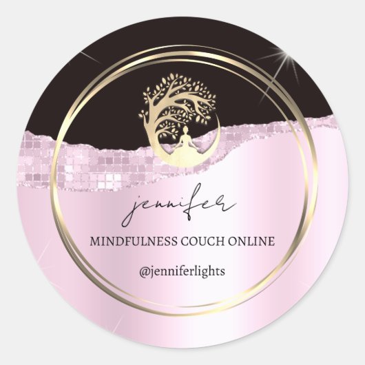 Sticker Rond Yoga Mindfulist Thérapist Couch Or Rose Noir (Devant)