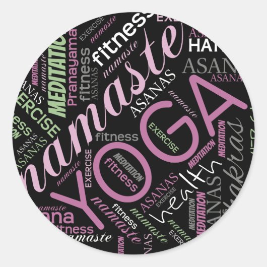 Sticker Rond Yoga Word Cloud Plum/Green ID254 (Devant)