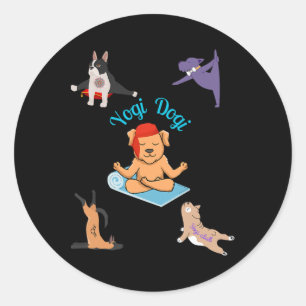Sticker Rond Yogi Dogi V4. Art de yoga de chien joueur