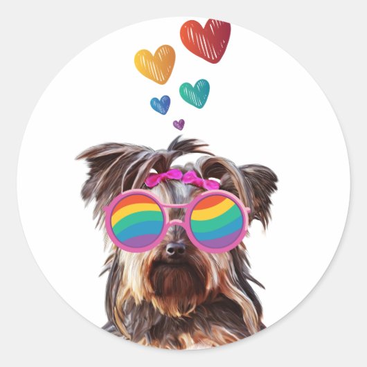 Sticker Rond Yorkie Chien avec Coeurs Saint-Valentin (Devant)