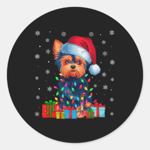 Sticker Rond Yorkie Chien Moins Vilants Noël Éclairage Santa Ch