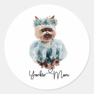 Sticker Rond Yorkie Mom Cute Yorkie avec robe bleue