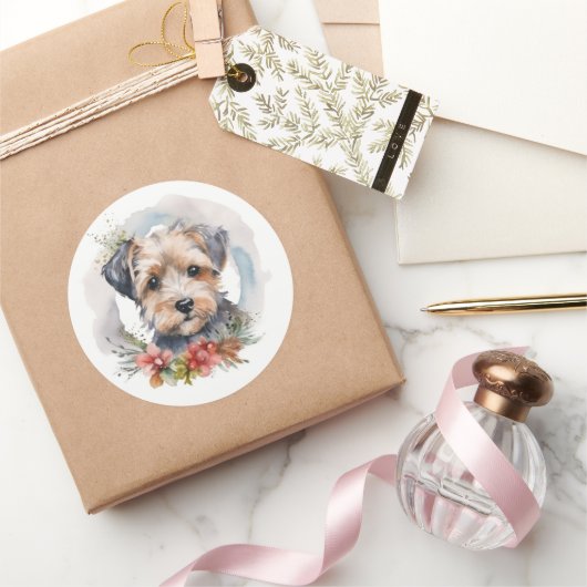Sticker Rond Yorkipoo Noël Wreath Festive Pup (Cadeaux)