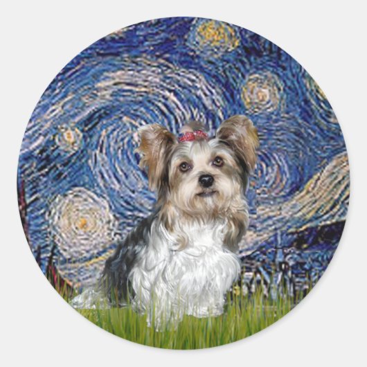 Sticker Rond Yorkshire Terrier (Biewer) - Nuit étoilée (Devant)