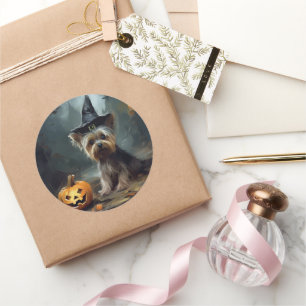 Sticker Rond Yorkshire Terrier Citrouilles Halloween effrayant