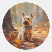 Sticker Rond Yorkshire Terrier en automne Leaves automne Inspir (Devant)
