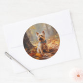 Sticker Rond Yorkshire Terrier en automne Leaves automne Inspir (Enveloppe)