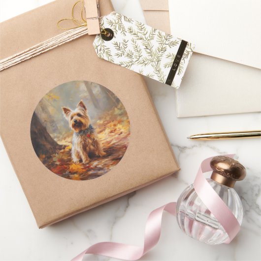 Sticker Rond Yorkshire Terrier en automne Leaves automne Inspir (Cadeaux)