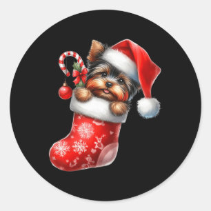 Sticker Rond Yorkshire Terrier en Sock Noël Noël Noël Noël Noël
