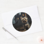 Sticker Rond Yorkshire Terrier Halloween effrayant (Enveloppe)