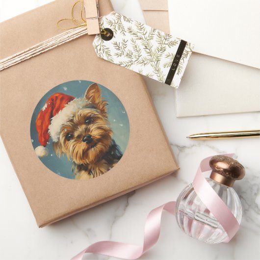 Sticker Rond Yorkshire Terrier Noël (Cadeaux)