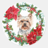 Sticker Rond Yorkshire Terrier Poinsettia Holly Wreath (Devant)
