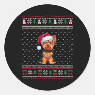 Sticker Rond Yorkshire Terrier portant le chapeau de Noël laid
