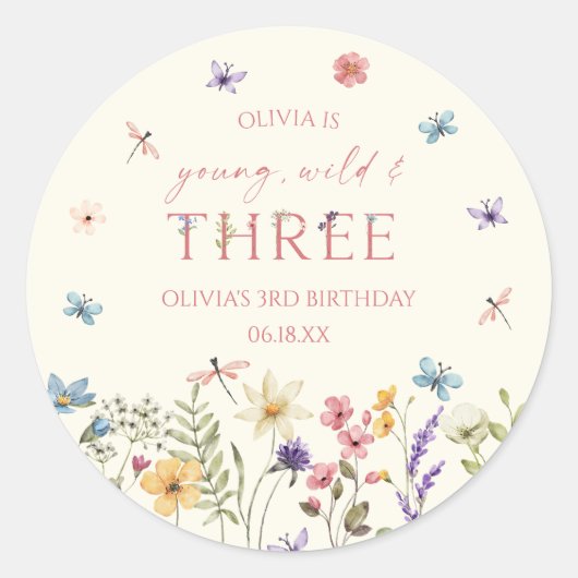 Sticker Rond Young Wild & Three Wildflower 3rd Birthday Party (Devant)