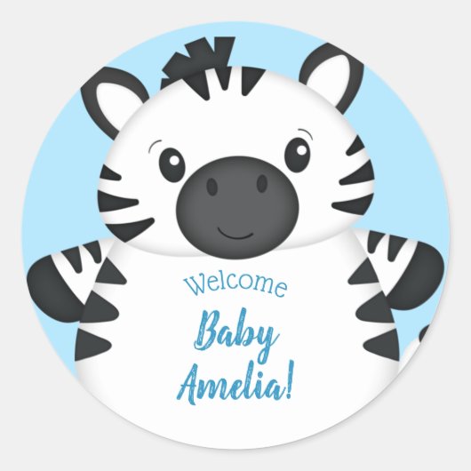 Sticker Rond Zebra Baby shower Safari Blue Boy (Devant)