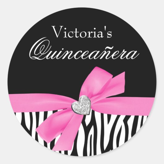 Sticker Rond Zebra Pink Bow Diamond Quinceanera (Devant)