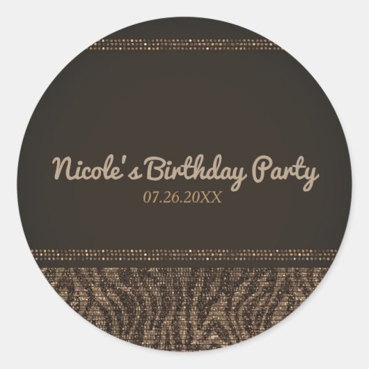 Sticker Rond Zebra Sparkle Brown Gold Glam Party Favoriser (Devant)