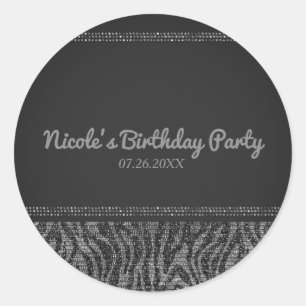 Sticker Rond Zebra Sparkle Silver & Black Glam Party Favoriser