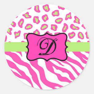 Sticker Rond Zèbre blanc rose chaud Léopard Monogramme de peau 