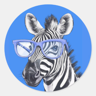 Sticker Rond Zèbre drôle avec des lunettes bleues Mignon