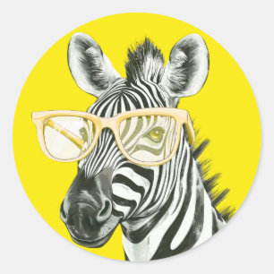 Sticker Rond Zèbre drôle avec des lunettes jaunes Mignon