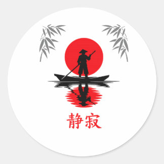 Sticker Rond Zen Boatman Red Sun Minimalist Silhouette