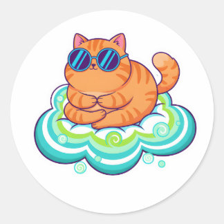 Sticker Rond Zen Orange Cat Meditating on Teal Cloud