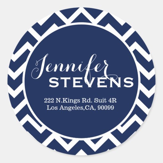 Sticker Rond Zigzag géométrique bleu et blanc monogramme Chevro (Devant)