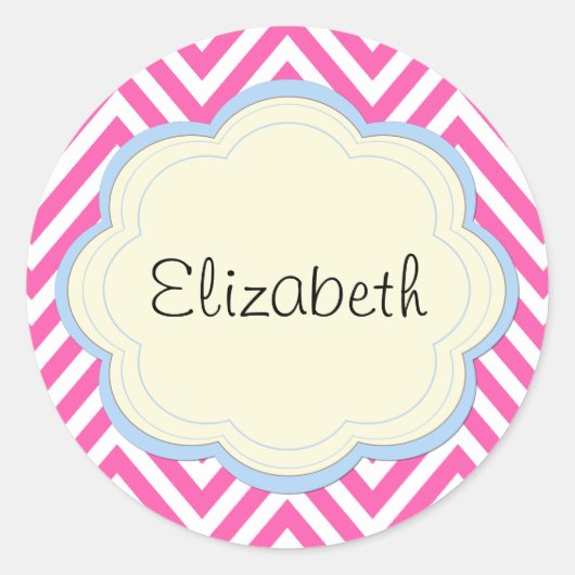 Sticker Rond Zigzag Rose, Chevron Rose, Motif Vague, Votre Nom (Devant)