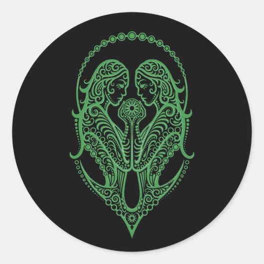 Sticker Rond Zodiaque de Gémeaux vert complexe sur noir (Devant)
