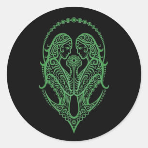 Sticker Rond Zodiaque de Gémeaux vert complexe sur noir
