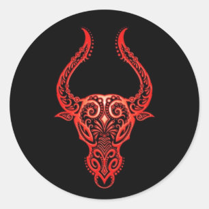 Sticker Rond Zodiaque de Taurus rouge complexe sur noir