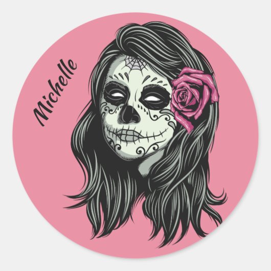 Sticker Rond Zombie Femme personnalisation nom & couleur autoco (Devant)