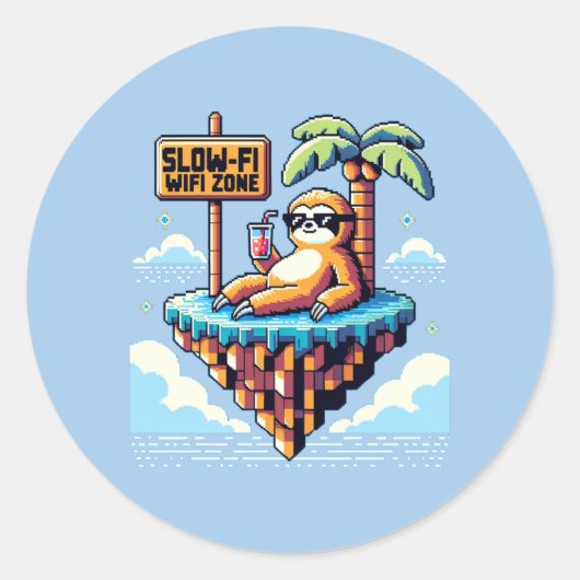 Sticker Rond Zone WiFi Lente - Drôle Pixel Art Sloth Vacation (Devant)