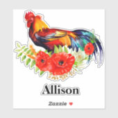 Sticker Rooster avec des pavots Nom personnalisé (Feuille)