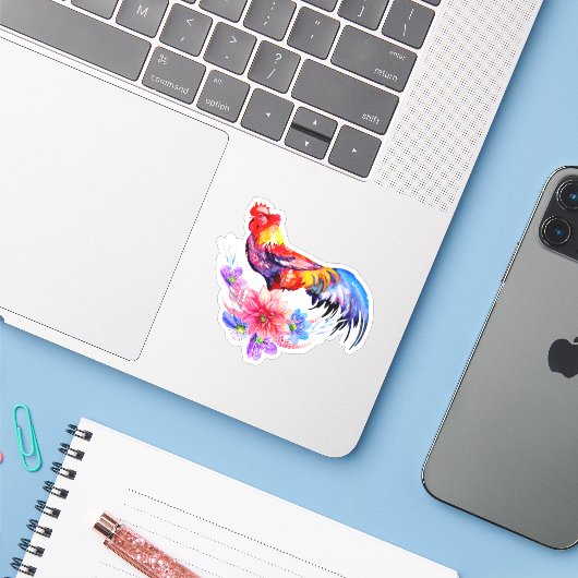 Sticker Rooster avec Fleurs (Ordinateur portable avec iPhone)