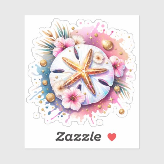 Sticker Rose, Bleu et Or Coastal Sand Dollar Plage (Feuille)