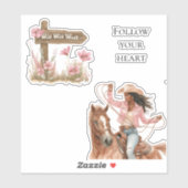 Sticker Rose Floral Wild West Girl à cheval (Feuille)