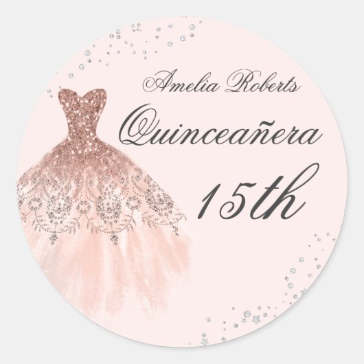 Sticker Rose Robe étincelante or Quinceanera (Devant)