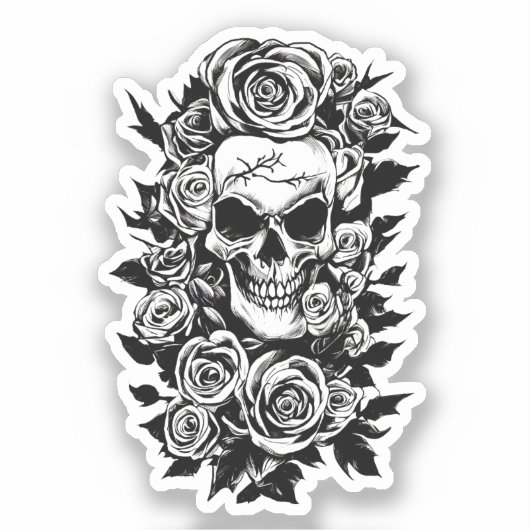 Sticker Roses du crâne humain Goth Dessin original à l'enc (Recto)