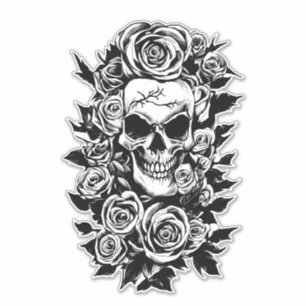 Sticker Roses du crâne humain Goth Dessin original à l'enc
