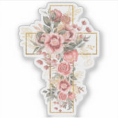 Sticker Roses Fleurs Rose Aquarelle avec Croix Dorée (Devant)