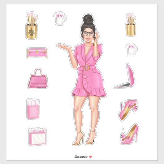 Sticker Roses Haute Mode Brunette Femmes Planner Décors (Feuille)