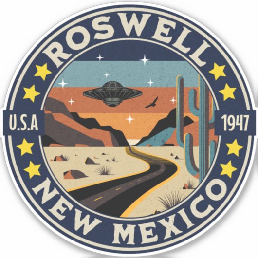 Sticker Roswell New Mexico Retro UFO Terrain (Devant)
