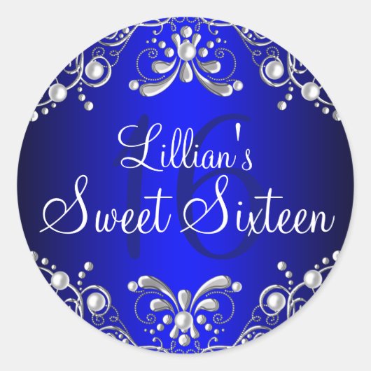 Sticker Royal Blue Silver Pearl Damask Sweet 16 (Devant)