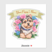 Sticker Ruban élégant, adorable Yorkshire, fleurs personna (Feuille)