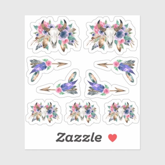 Sticker Russe Floral Vache Crâne Aquarelle Boho Flèches (Feuille)