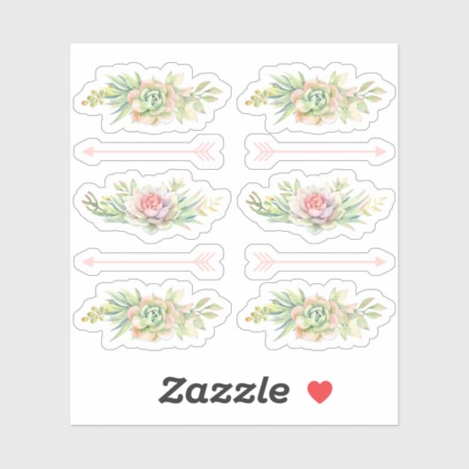 Sticker Rustique Aquarelle Succulente Flèches Boho Scrapbo (Feuille)