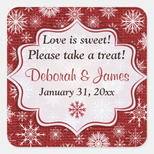 Sticker Rustique Red Burlap Snowflakes Wedding Fav (Devant)