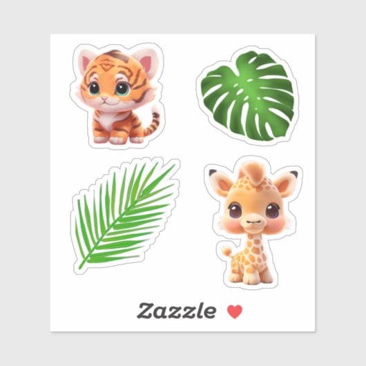Sticker Safari amis tigre girafe zèbre singe éléphant (Feuille)